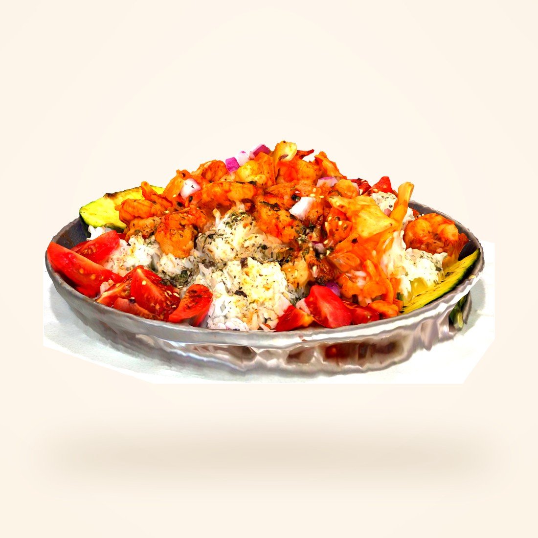 A Cajun shrimp rice bowl turned in 3D
