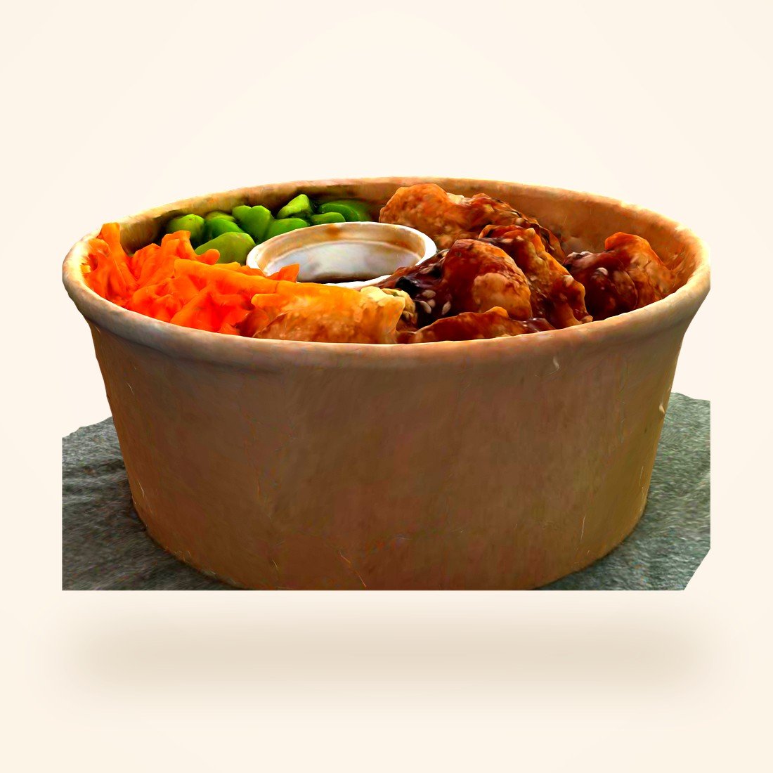 A teriyaki bowl placed life-size on the table in AR
